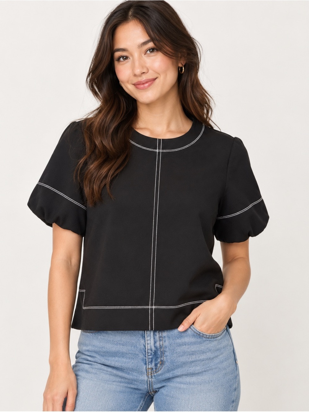 Melloday Black Contrast Stitch Puff Sleeve Top – Size Large